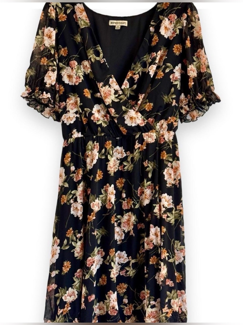 Inspired Hearts plus size Black Floral Wrap style  Dress with moody fall florals